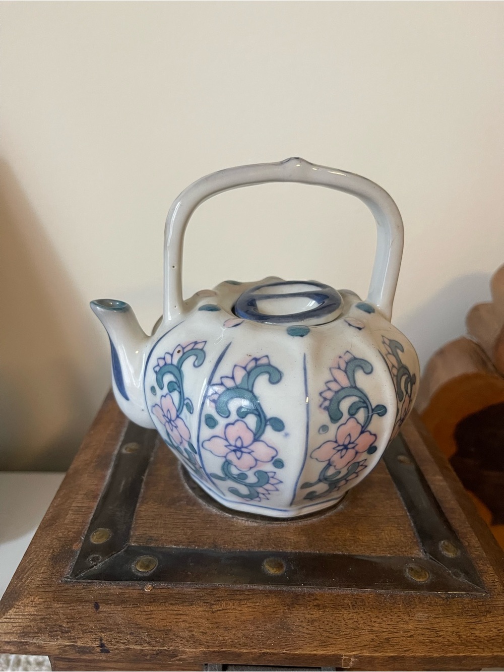 Blue and Pink Floral Ceramic Teapot - Decorative Home Art